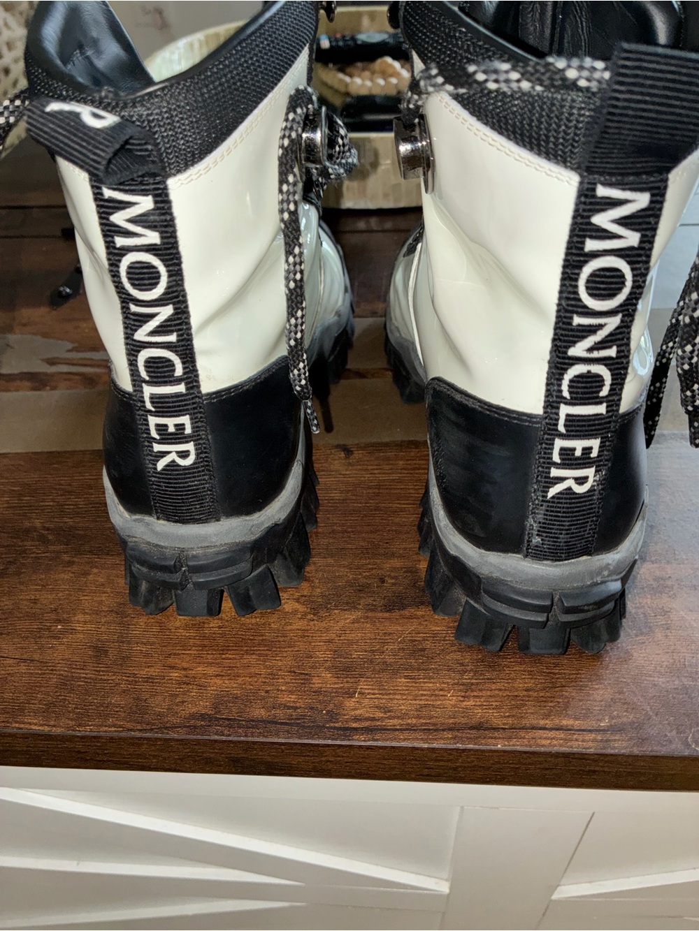 Moncler Black and White Lace-Up Lug Sole Women's Boots